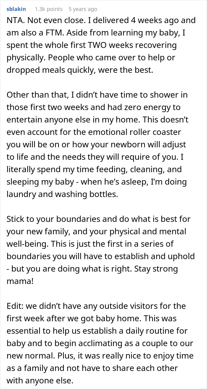 Reddit comment about setting boundaries and dealing with new motherhood stress and mom guilt.
