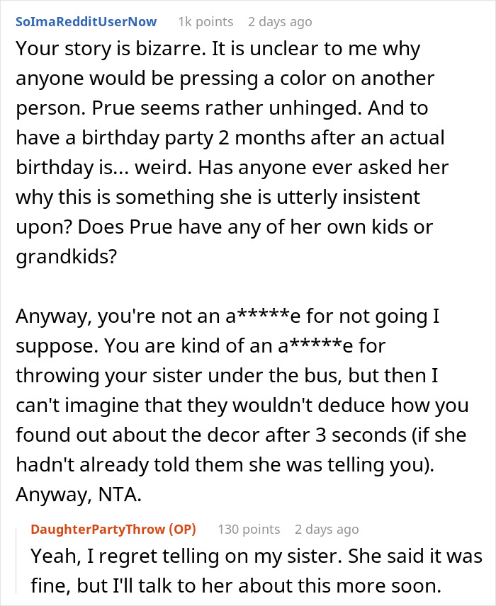 Reddit discussion about a child's failed pink-themed party, highlighting user reactions and opinions.