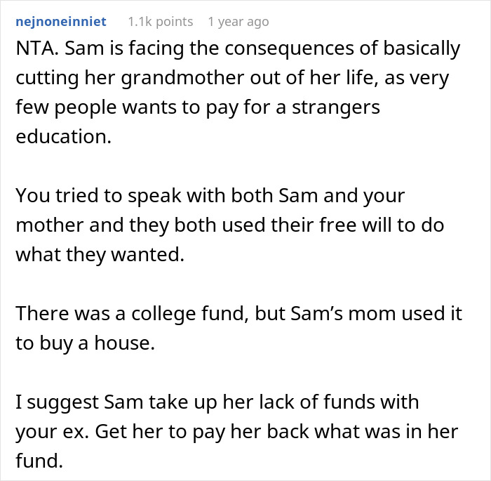 Reddit comment discussing a granddaughter prioritizing mom’s family over college tuition funding. Reddit comment discussing a granddaughter prioritizing mom’s family over college tuition funding.