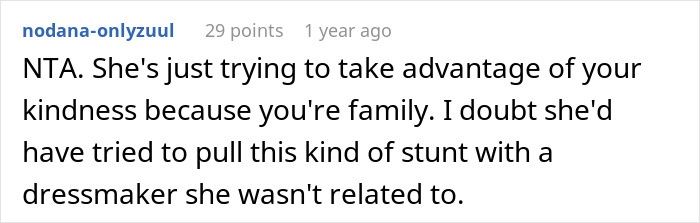 Comment on family tension over bridal shop refusing free dress.