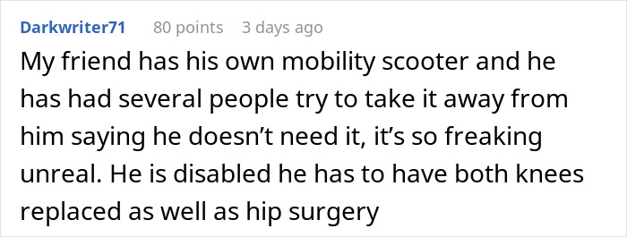Reddit post discussing mobility scooter issues and assumptions about disability.