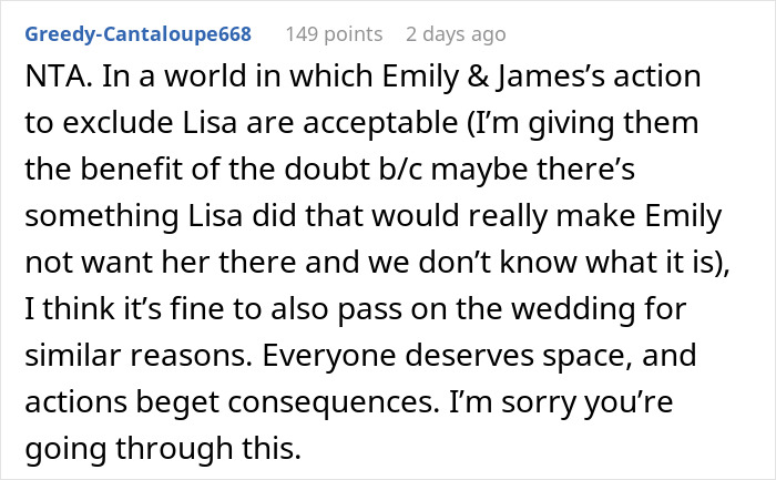 Reddit comment discussing a bride excluding her sister-in-law from the wedding.