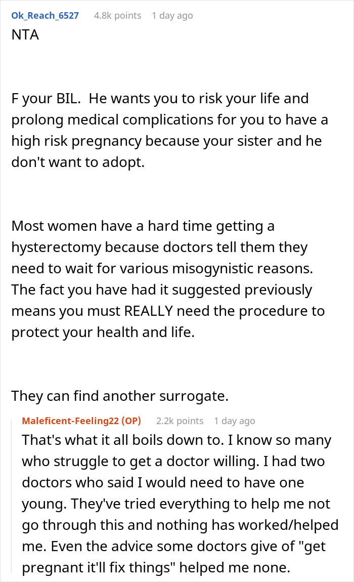 Reddit discussion on woman planning hysterectomy, facing surrogate pressure, user advice displayed. Reddit discussion on woman planning hysterectomy, facing surrogate pressure, user advice displayed.