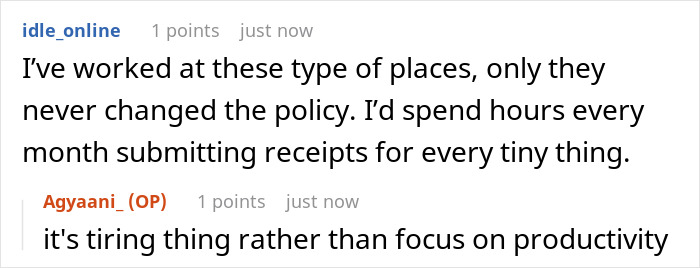 Reddit comments discussing the hassle of submitting receipts for reimbursement policy compliance. Reddit comments discussing the hassle of submitting receipts for reimbursement policy compliance.