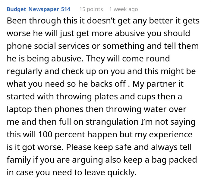 Text describing a new mom's experience of domestic issues, mentioning abusive actions and advice for safety.