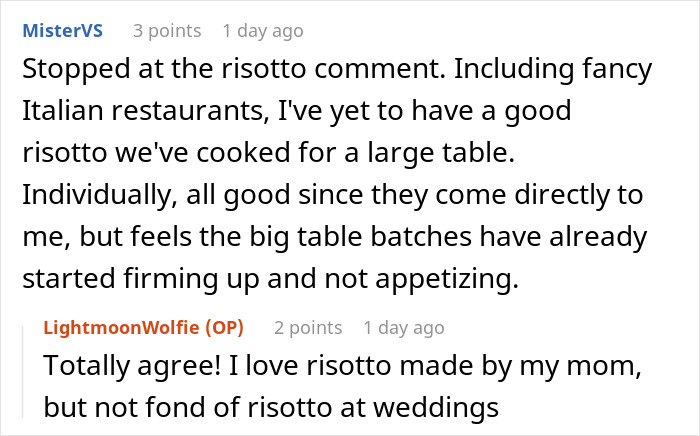 Comment thread discussing wedding caterer's risotto quality at events.