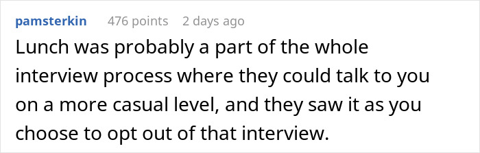 Reddit comment discussing interview lunch preference and opting out.