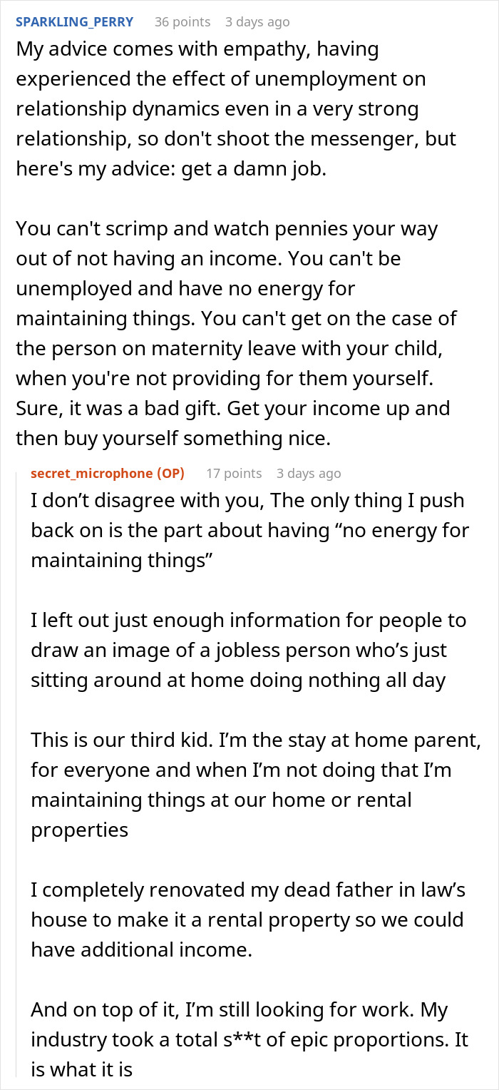 Man seeking advice online about maintaining expensive unwanted gift from wife.