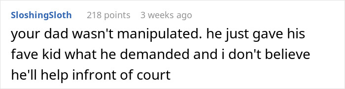 Reddit comment about a family feud over a heirloom, mentioning court involvement.