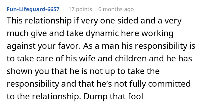 Comment discussing a woman's regret about a Europe trip and relationship dynamics.