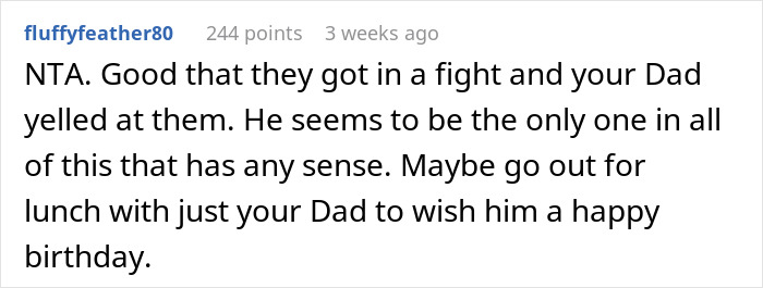 Reddit comment discussing a family fight, highlighting a dad's sensible reaction. Reddit comment discussing a family fight, highlighting a dad's sensible reaction.