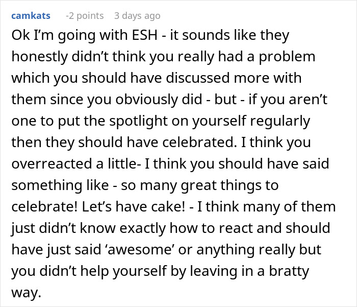 Text comment discussing a woman's upset over her family's indifference to her sobriety milestone. Text comment discussing a woman's upset over her family's indifference to her sobriety milestone.