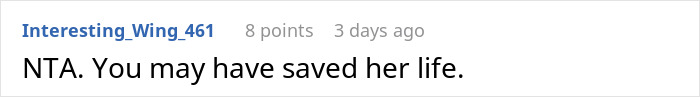 Reddit comment saying "NTA. You may have saved her life," in response to a coworker being fired.