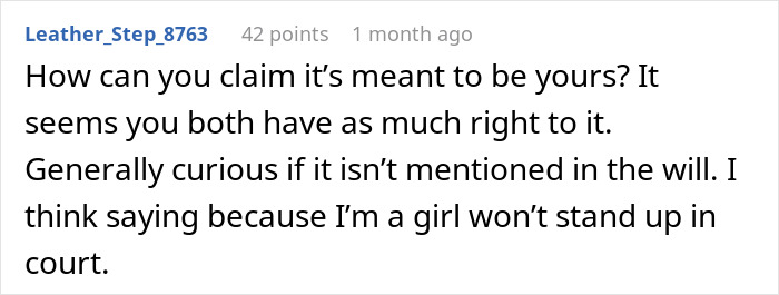 Reddit comment discussing family heirloom rights and court matters in a family feud context.