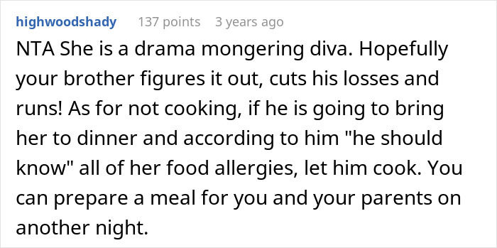 Reddit comment about a person frequently revealing new food allergies at family dinners. Reddit comment about a person frequently revealing new food allergies at family dinners.