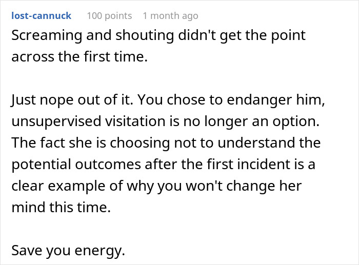 Comment about banning grandma from babysitting due to ignoring pleas about car seat use.