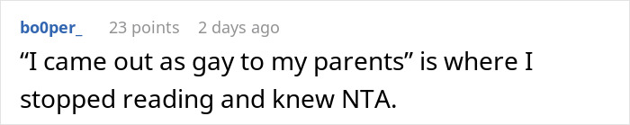 Text comment discussing coming out and knowing someone's not the a*****e (NTA), related to refusing to help parents.