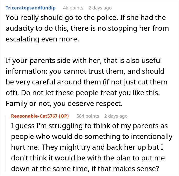 Comments discussing a woman discovering her sister's fake rehab to steal her trust fund.