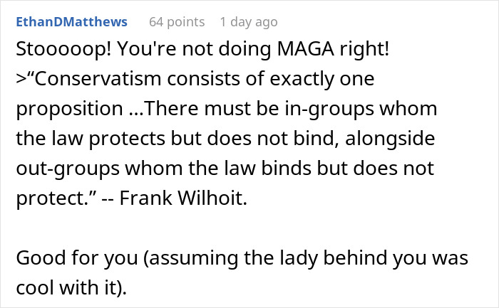 Text screenshot with a comment about conservatism by EthanDMatthews, mentioning MAGA and Frank Wilhoit&rsquo;s quote.