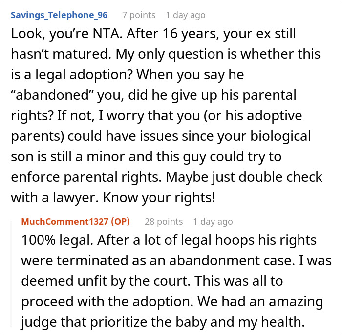 Comments discussing a legal adoption and parental rights after a teen's abandonment.