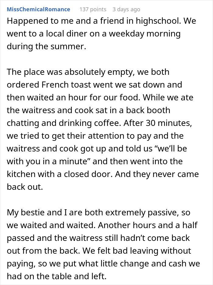 Text story about dining experience, waiting long, and leaving without full payment.