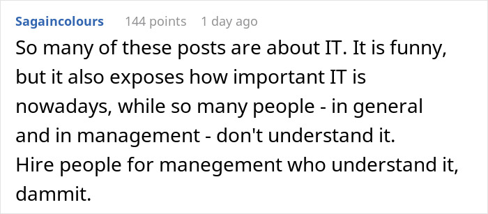 Comment on IT importance and management's lack of understanding; highlights hiring knowledgeable IT staff.
