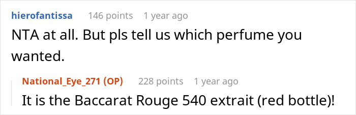 Reddit comment thread discussing a special birthday perfume, Baccarat Rouge 540 extrait.