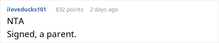 Reddit comment saying "NTA," signed by a parent, about helping parents.