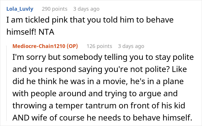 Reddit comments discussing a dad and son unable to sit together on a plane; mentions polite behavior. Reddit comments discussing a dad and son unable to sit together on a plane; mentions polite behavior.