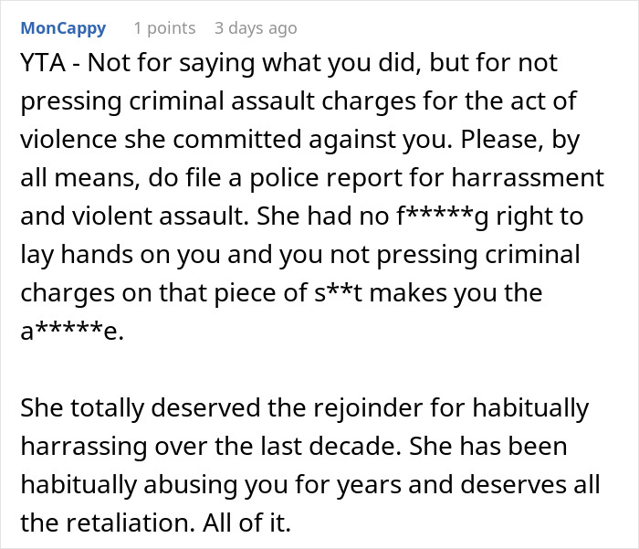 Reddit comment discussing a conflict involving a plus-size woman and related legal advice.