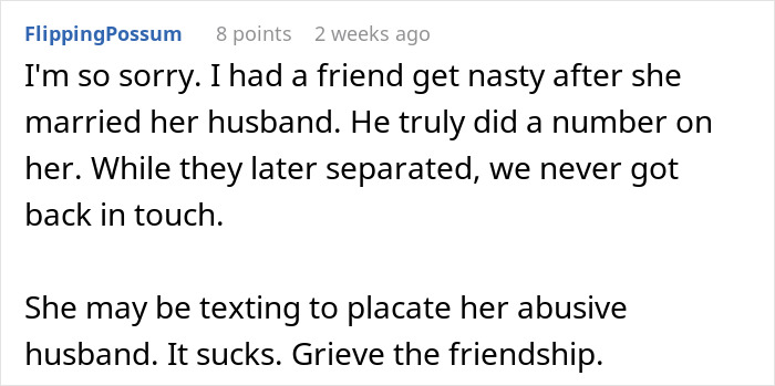 Text conversation discussing friendship issues related to a woman's wedding.