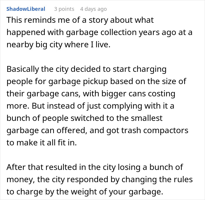 Text detailing garbage collection changes causing chaos; mentions city charging for pickup based on can size. Text detailing garbage collection changes causing chaos; mentions city charging for pickup based on can size.
