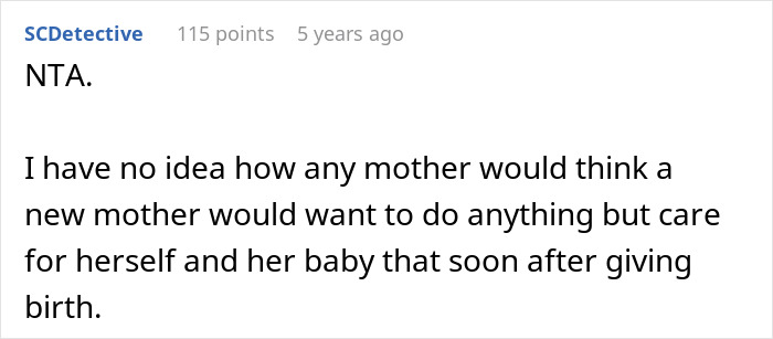 Reddit comment discusses mom guilt with a pregnant daughter, emphasizing support for new mothers postpartum.