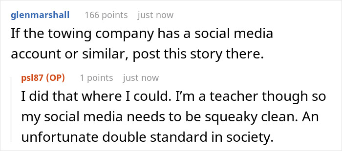 Reddit conversation discussing towing company's actions and social media strategy. Reddit conversation discussing towing company's actions and social media strategy.