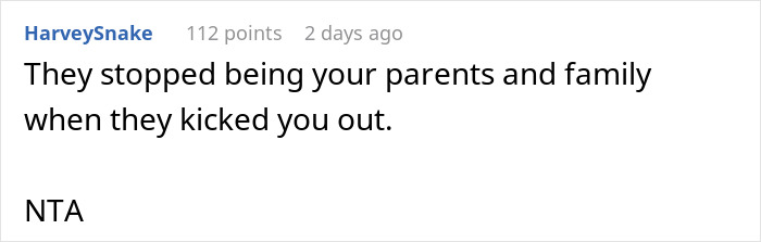 Reddit comment discussing family dynamics after being kicked out, emphasizing 'not living with them anymore'.