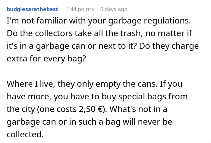 Text screenshot discussing garbage collection regulations and extra charges for bags. Text screenshot discussing garbage collection regulations and extra charges for bags.