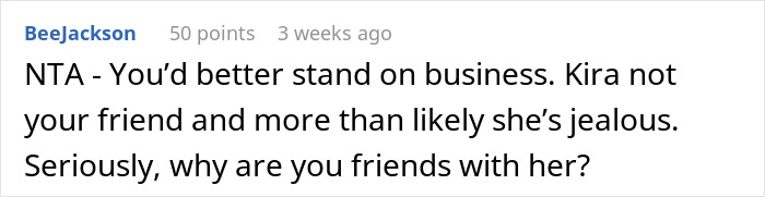 Comment criticizing a friend's attempt to reignite an old flame, suggesting jealousy and questioning the friendship.