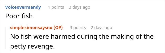 Reddit comments about petty revenge at resort, mentioning fish.