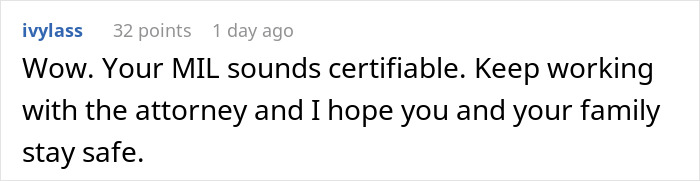 Comment about a couple dealing with MIL's extreme behavior and lawyer involvement.