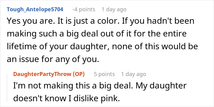 Text exchange discussing a pink-themed party for a child who dislikes pink.