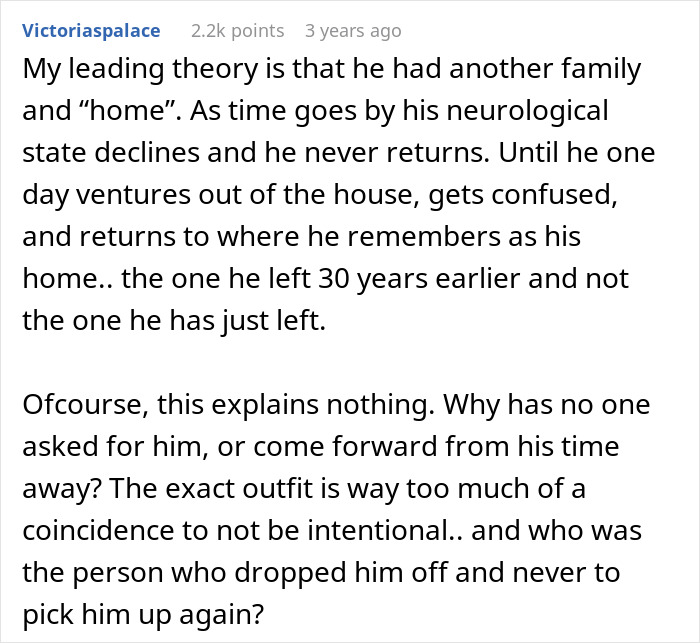 Comment discussing a mystery disappearance of a missing man, suggesting he may have returned to a previous life.