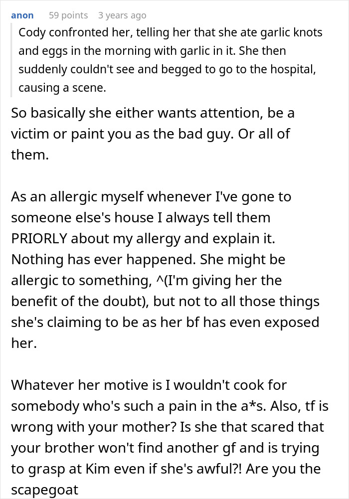 A Reddit comment discussing a teen's struggles with SIL "revealing" new allergies during every dinner. A Reddit comment discussing a teen's struggles with SIL "revealing" new allergies during every dinner.