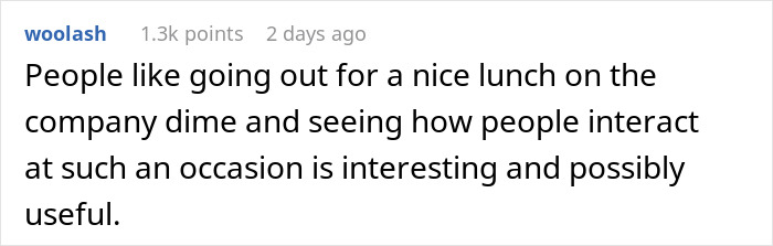 Reddit user comment discussing company lunch preferences and interactions.