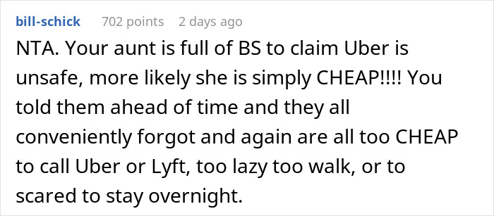 A Reddit comment discussing family-related drama over New Year's Eve transportation issues.