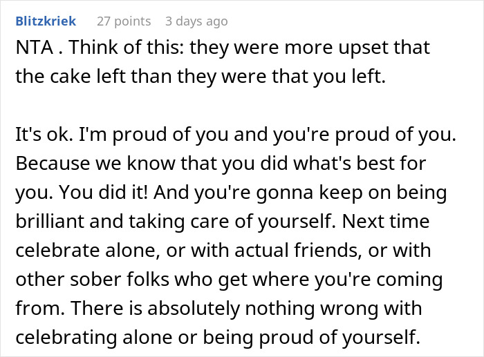 Reddit comment supporting a woman's sobriety milestone despite family indifference. Reddit comment supporting a woman's sobriety milestone despite family indifference.