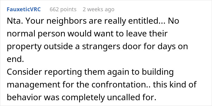 Reddit comment about neighbors&rsquo; stroller blocking a door, suggesting reporting to management for entitled behavior.