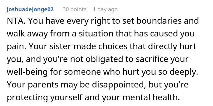 Reddit comment about setting boundaries after betrayal involving sister and husband. Reddit comment about setting boundaries after betrayal involving sister and husband.