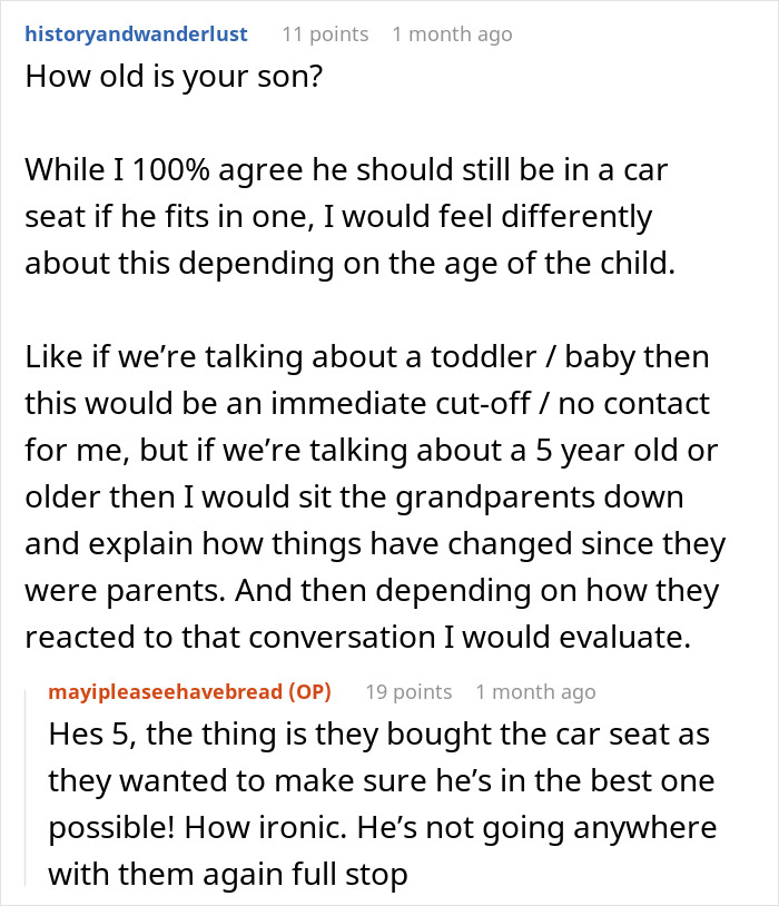 Reddit comments discussing a child not using a car seat, leading to grandparent babysitting ban.