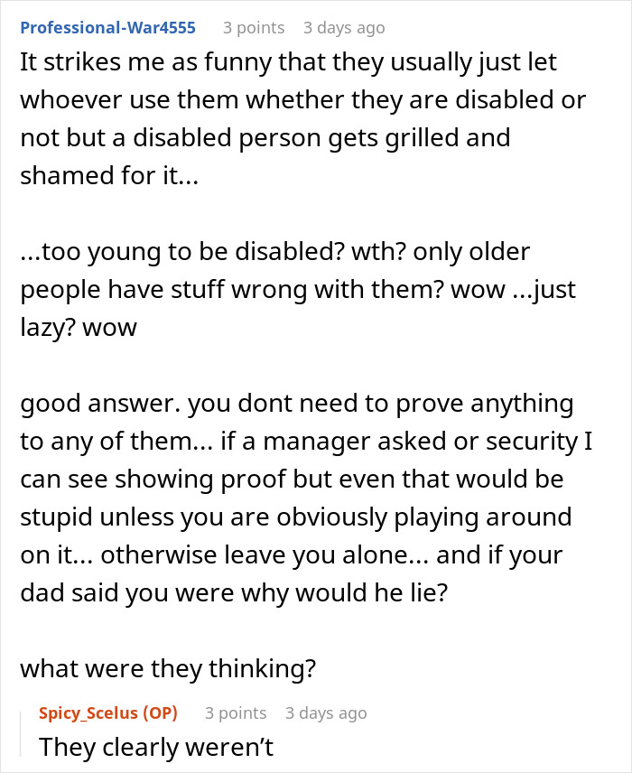 Online discussion about Walmart employee questioning a teen's need for a mobility cart.