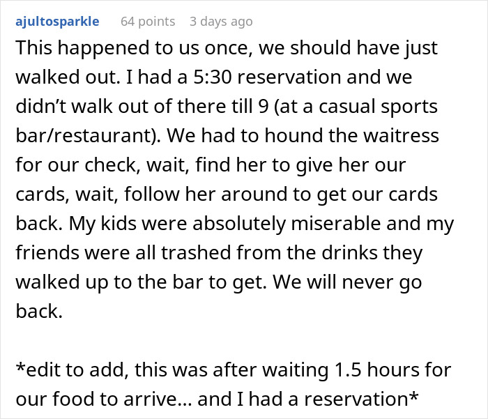 Text post about a long wait at a restaurant reservation, leading to dissatisfaction.